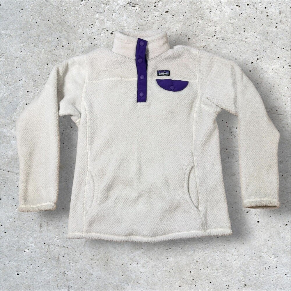 Patagonia Girls Re-Tool Snap-T Fleece Pullover Jacket L 12 White Purple Hiking